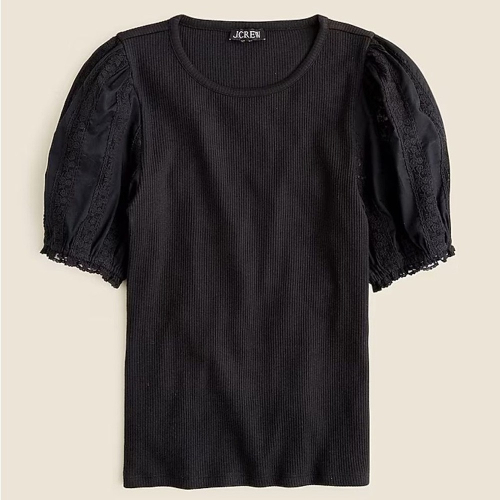 JCrew Women’s Vintage Rib Top with Lace Puff Sleeves Size M Black